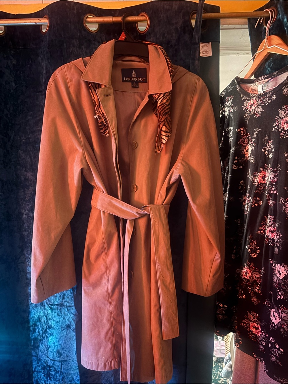 London Fog Tan Belted Trench Coat with Scarf Detail